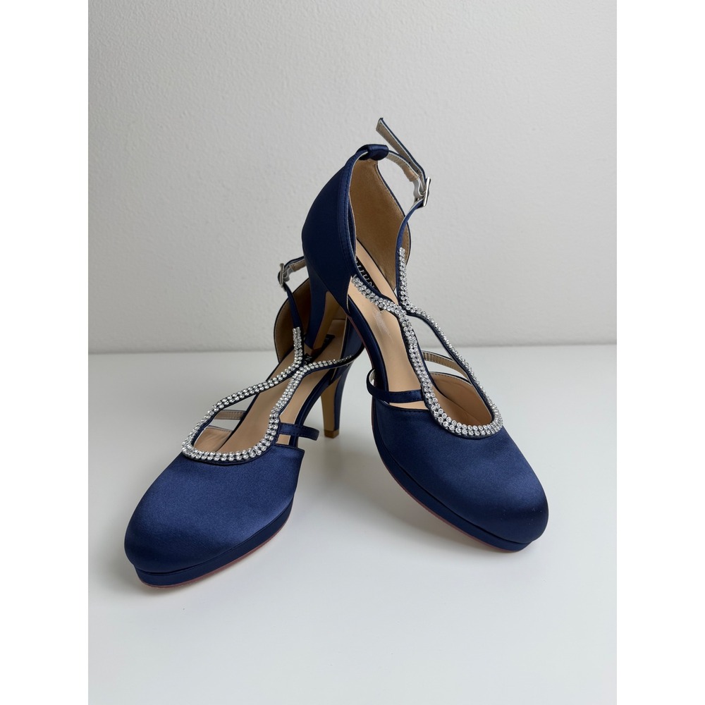 ERIJUNOR Satin Heels Low Heel Ankle Strap Bridal Shoes 8 Navy Blue Rhinestone